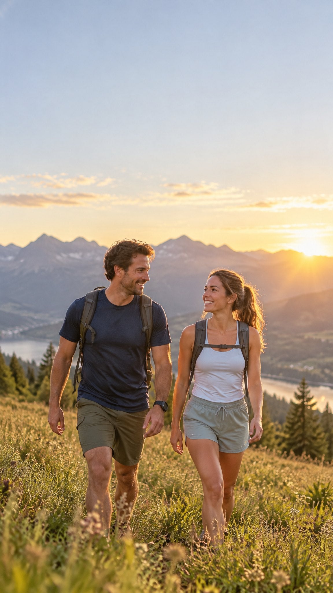 Couple walking in a meadow at golden hour